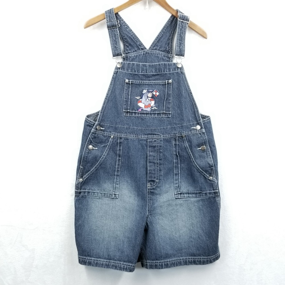 Vintage Disney Shorts Women Large Blue Bib Overall Denim Eeyore Embroidered SOS - Picture 2 of 9